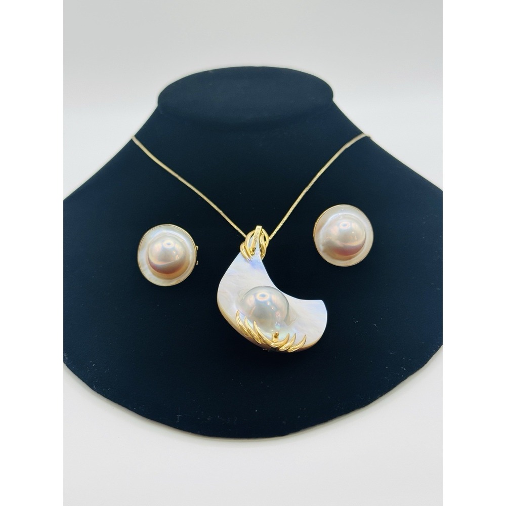 14K Gold Mabe Pearl Necklace Earrings Pendant Brooch Set 18" 23.95g